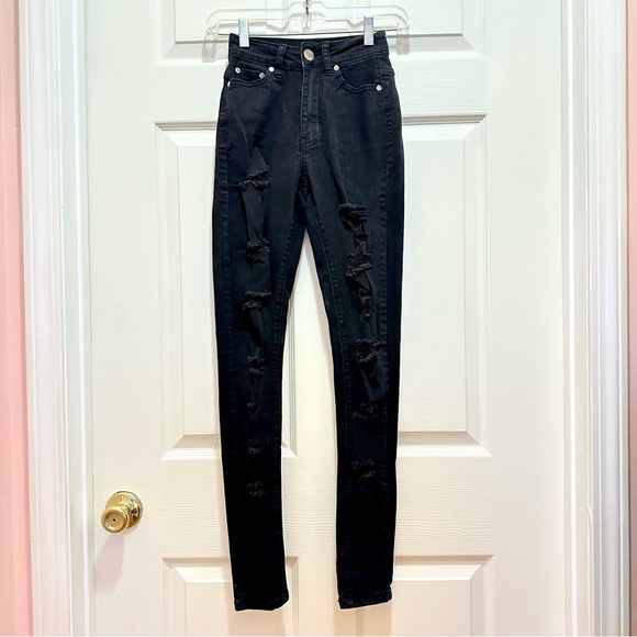 BOB Jeans - Black High Waist Distressed Skinny Stretch Jeans - Size 0 - Picture 4 of 9